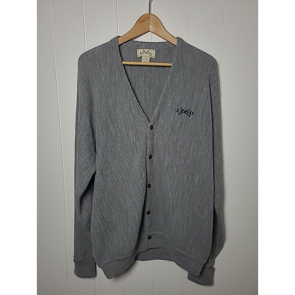 IZOD Vintage Sweater Cardigan Mens Size Large Gray Button Up Preppy Grandpa 90s